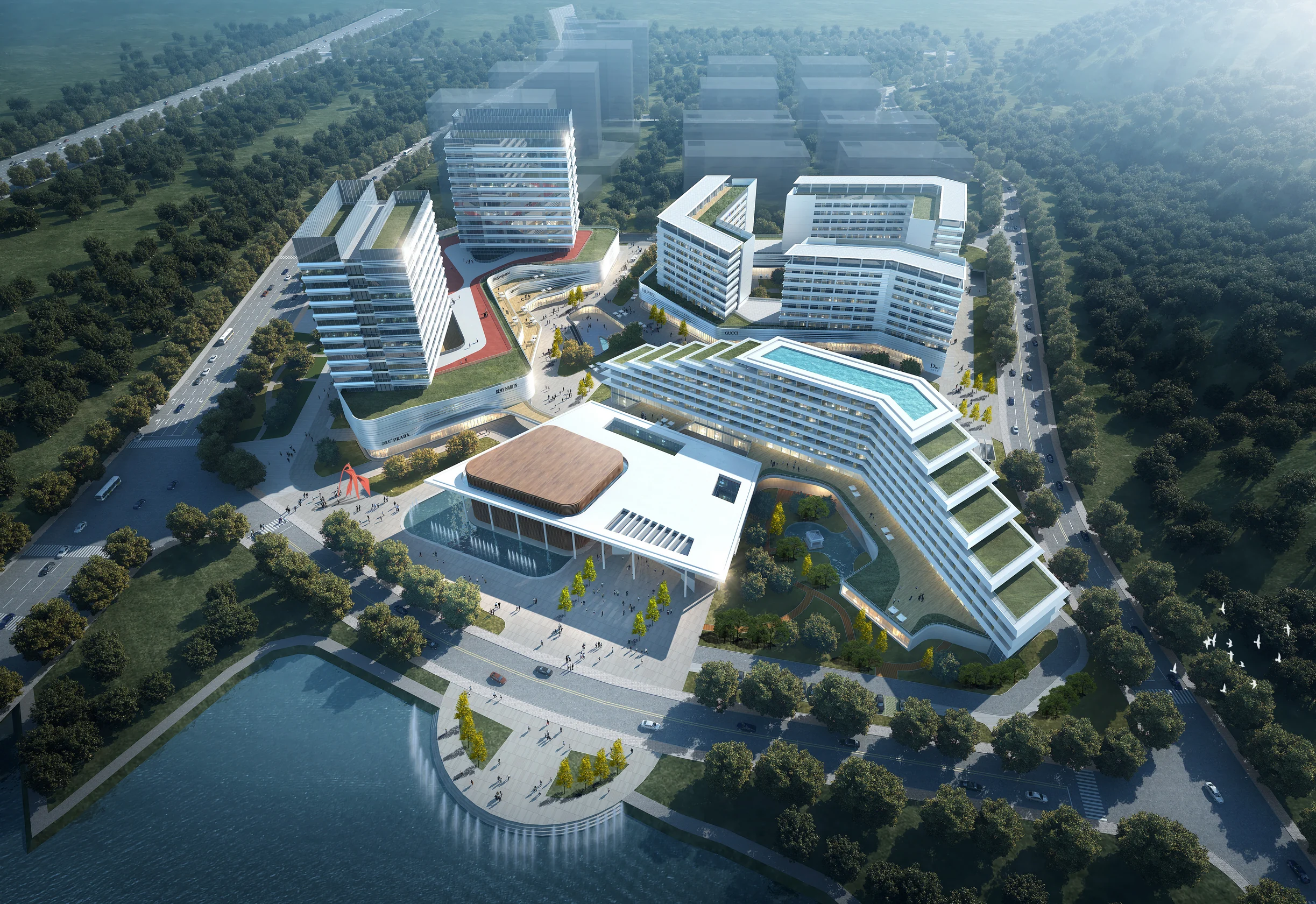 Civic waterfront aerial.
